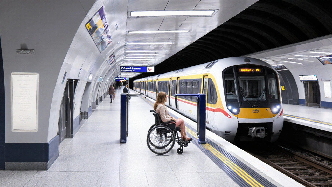 Modern step-free station with seamless train boarding and wide accessible pathways.