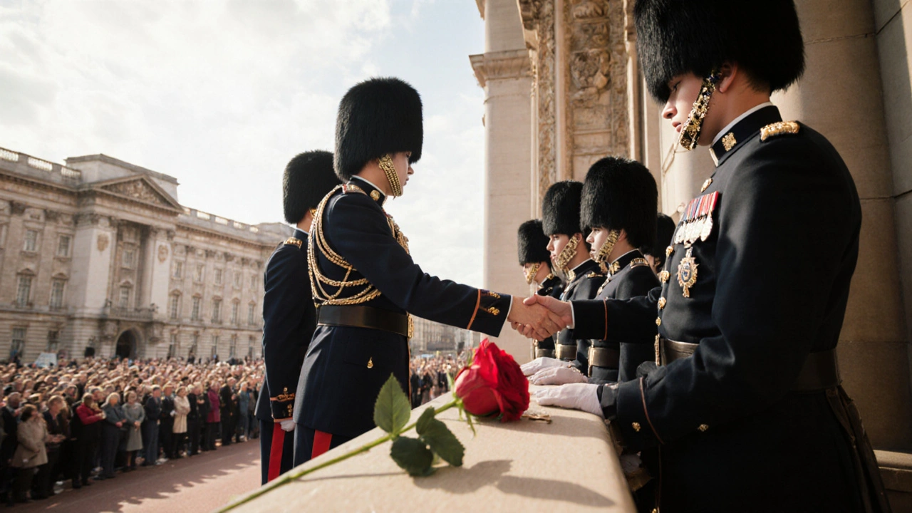 Old and new guards exchange keys at Buckingham Palace gates under the archway at daylight.
