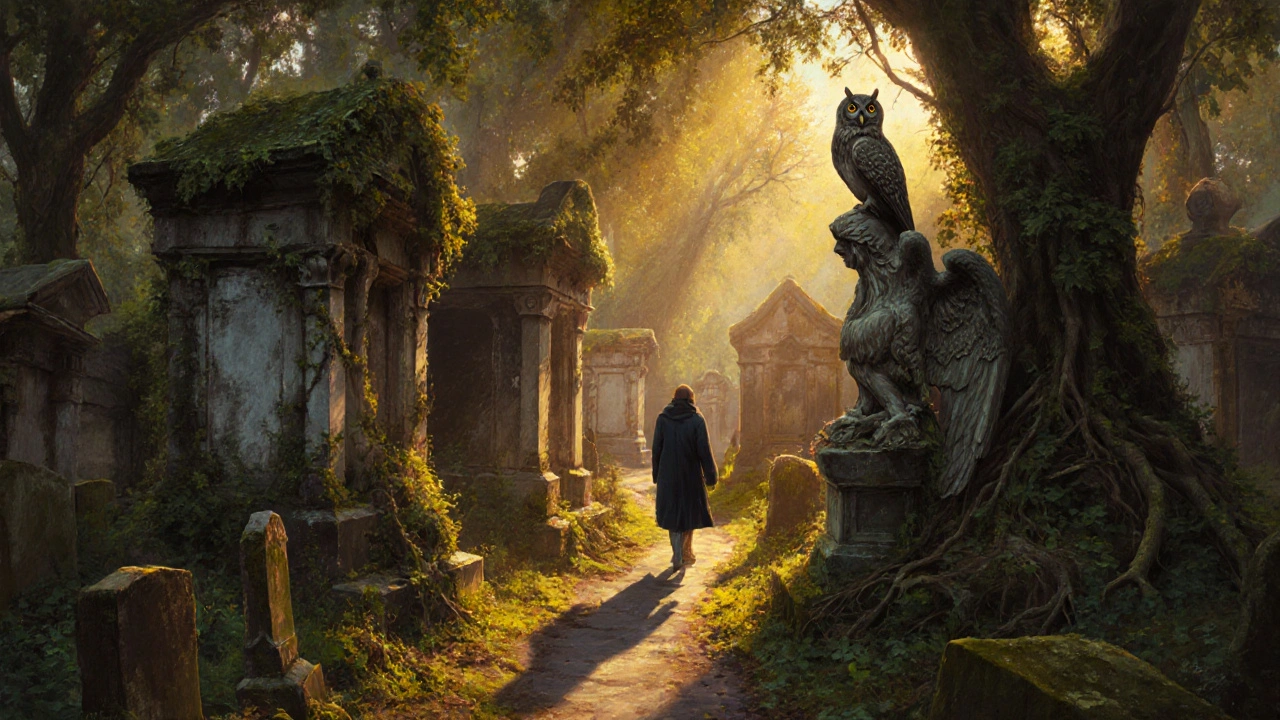 Overgrown West Cemetery at sunset with ivy-covered tombs and an owl on a broken statue.