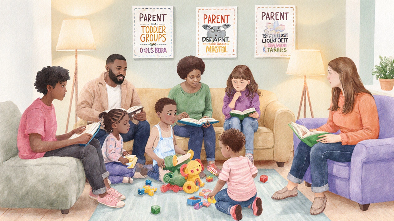 Parents and toddlers socializing in a library playroom, surrounded by books and toys.