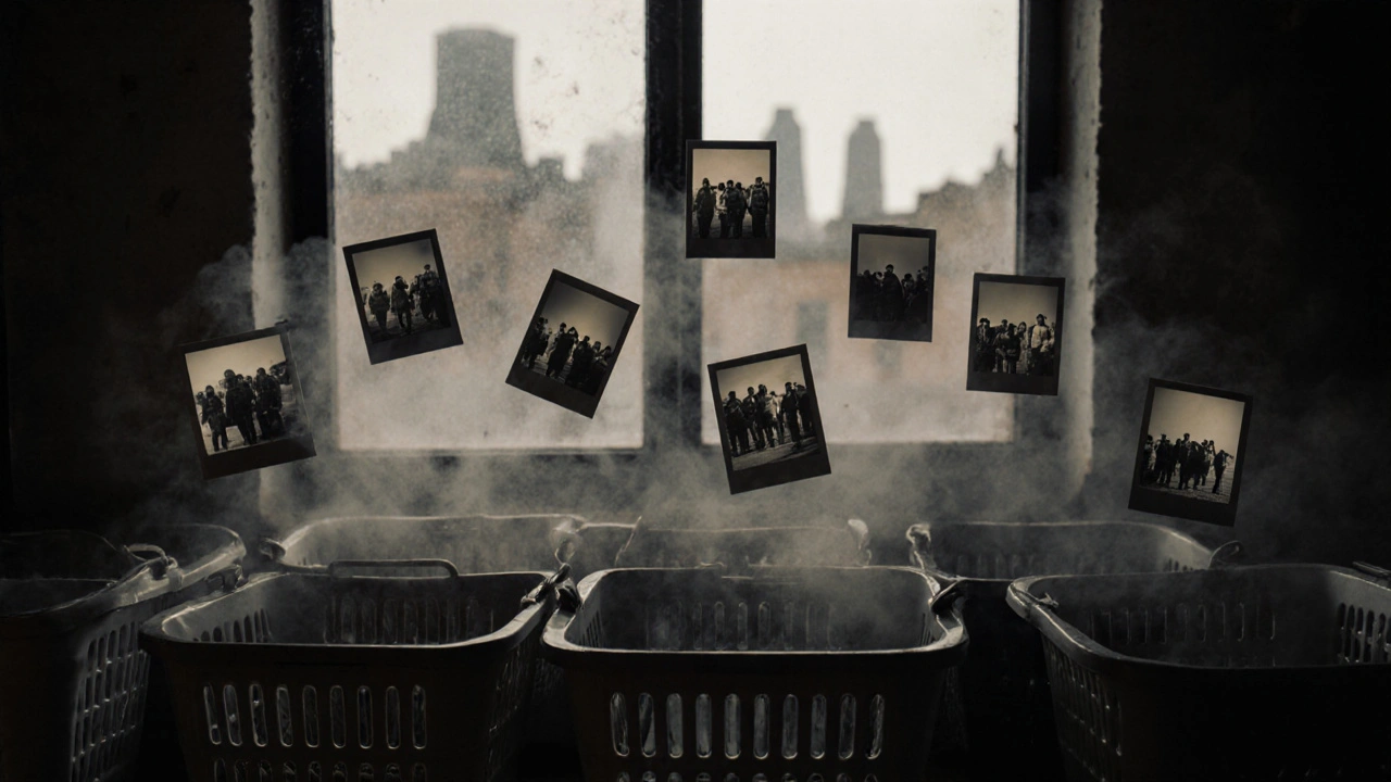 Polaroids of refugees floating in laundry baskets in a converted laundrette, glowing softly.