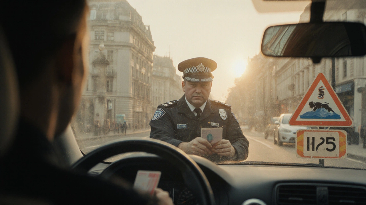 Police officer pulling over driver in London, foreign licence visible in hand.