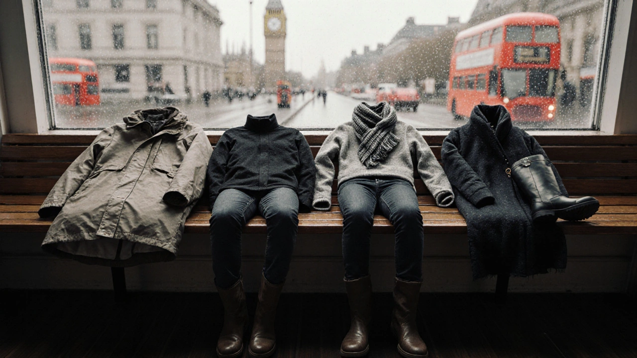 Seven essential London travel items arranged on a bench: jacket, coat, thermals, jeans, boots, scarf, umbrella.