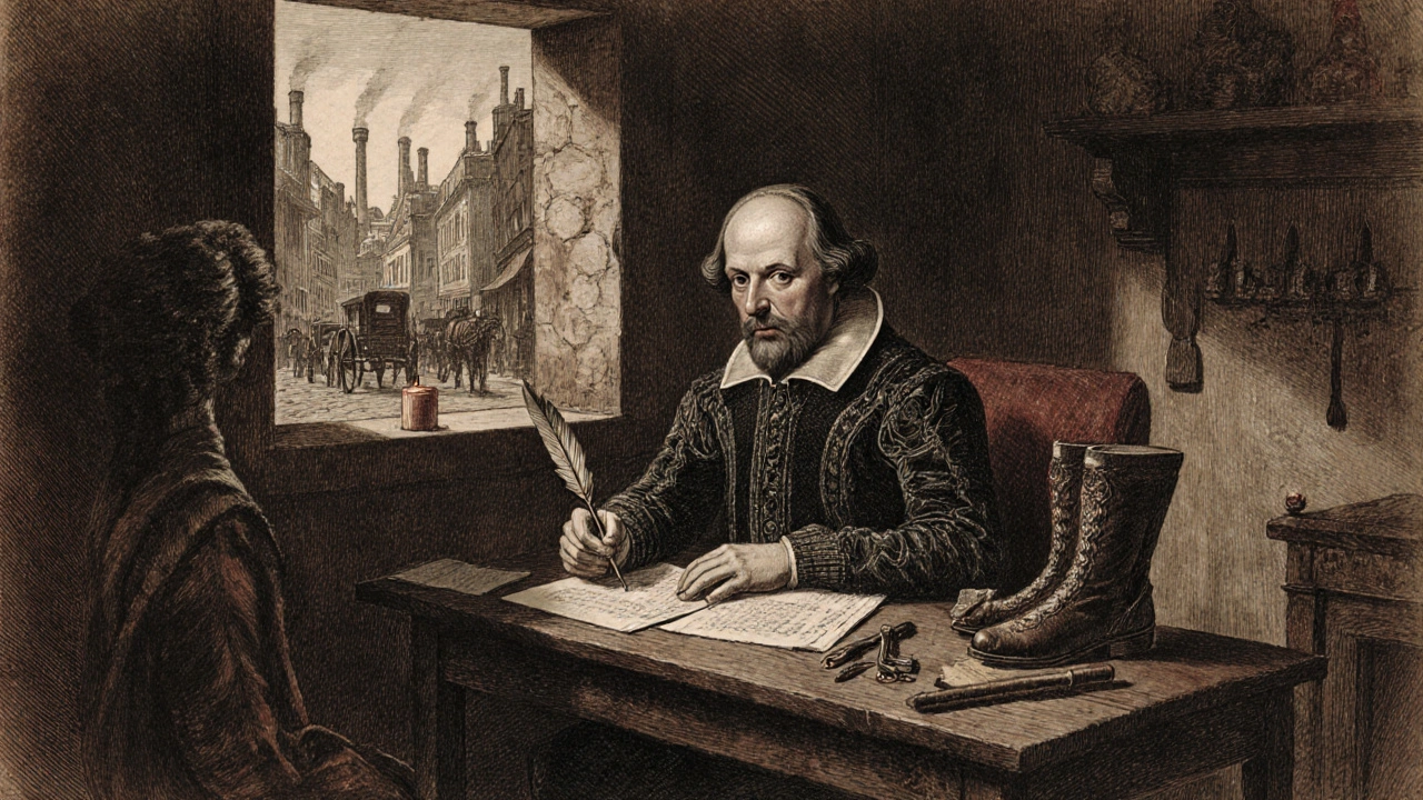 Shakespeare writing in a modest London room, ink quill in hand, wig maker tools nearby, candlelight casting shadows.