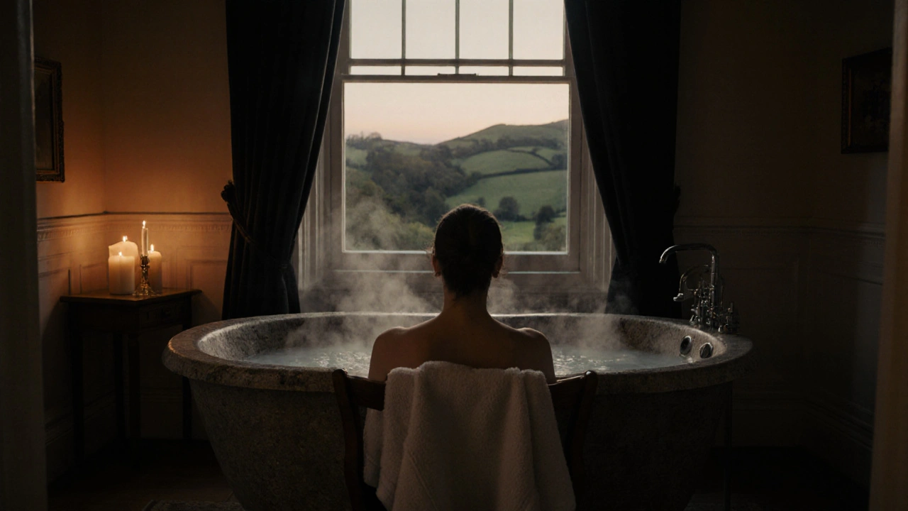 Someone soaking in a warm stone bath by candlelight in a quiet, darkened room with no electronics.