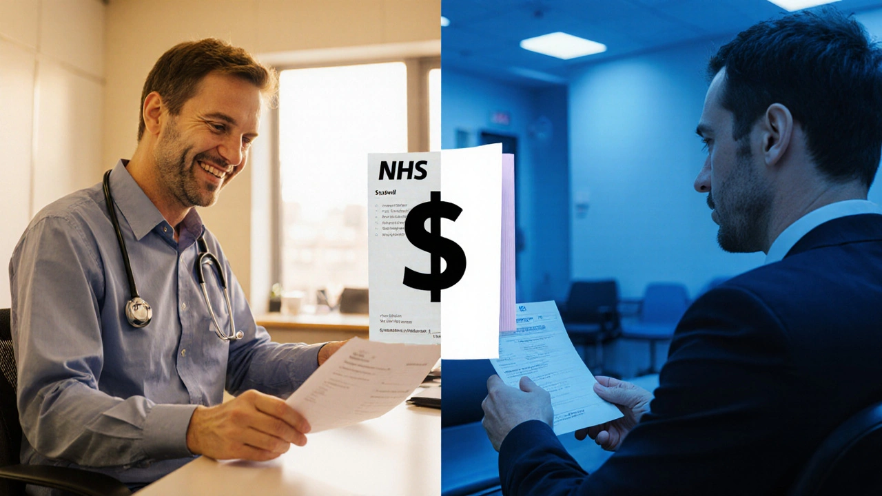 Split image: NHS doctor’s office vs. hospital bill, symbolizing healthcare cost differences.