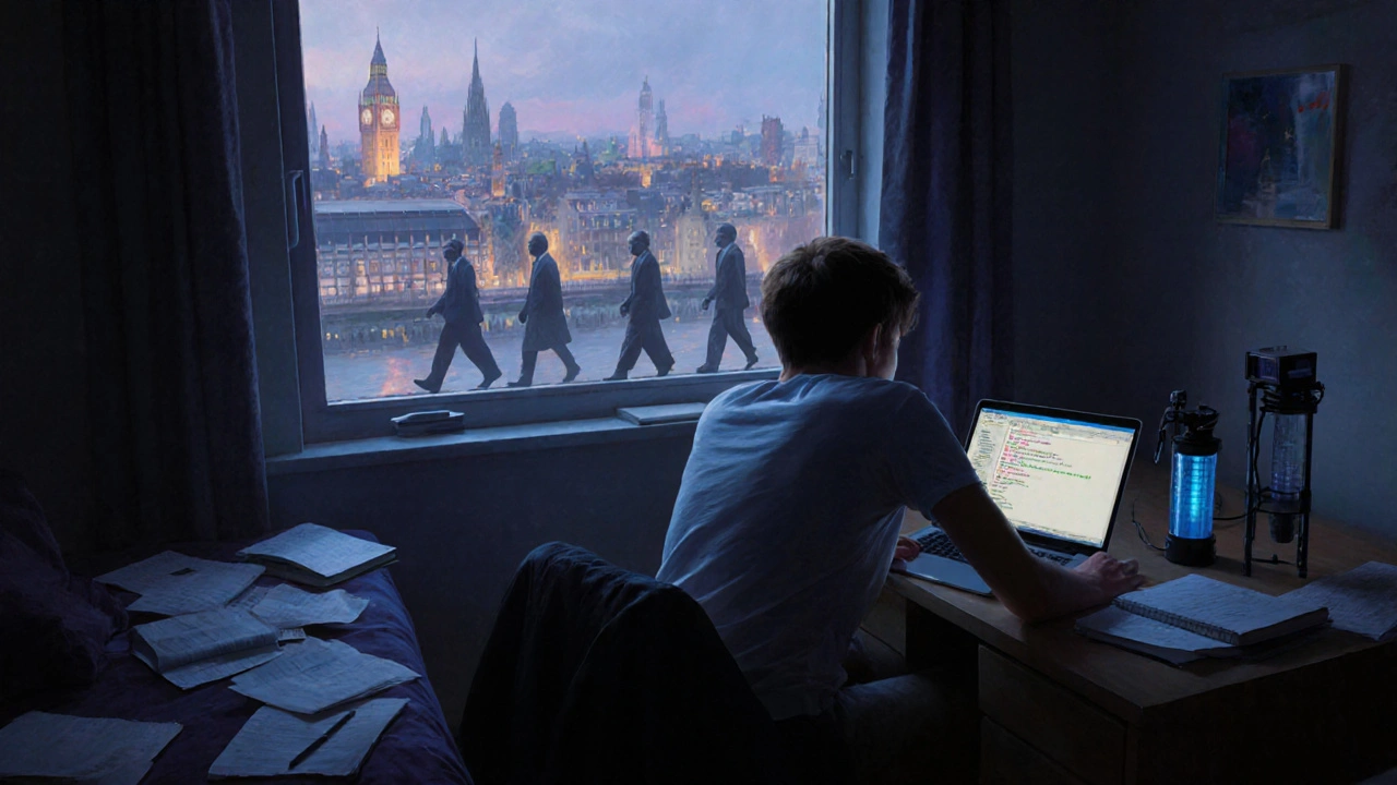 Student working late at night on a satellite project with a water filter model nearby.