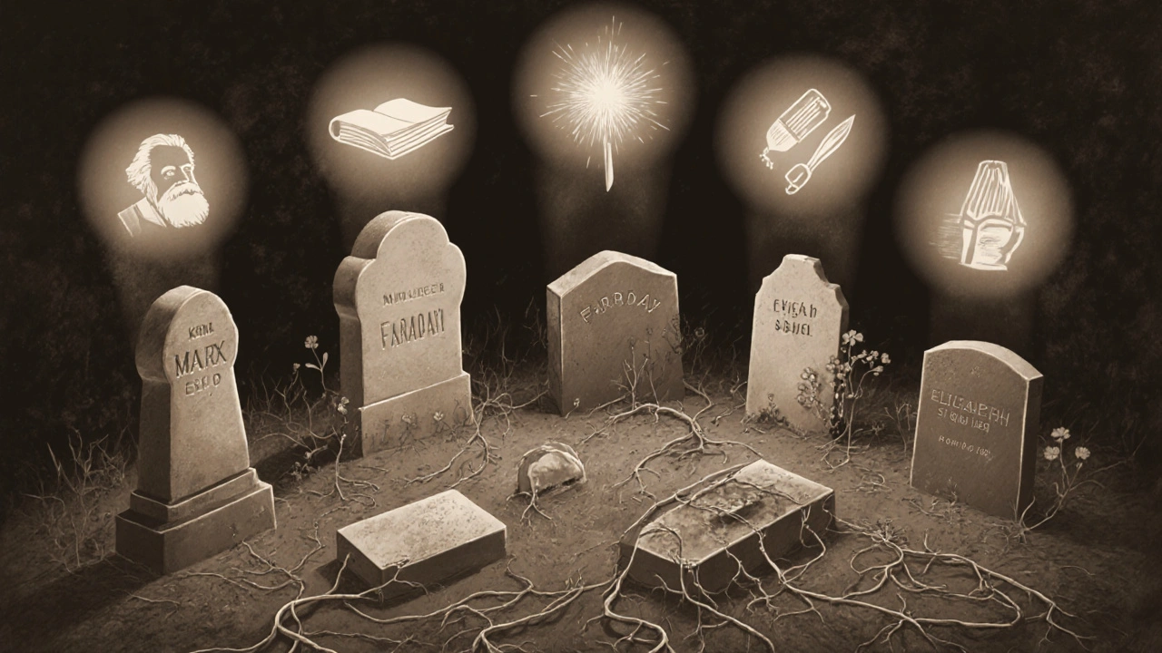 Symbolic representation of famous figures buried at Highgate, their legacies rising as ethereal elements above their graves.