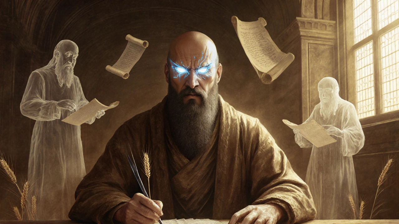 The Seated Scribe with glowing eyes, surrounded by floating ancient scrolls and a single barley grain in a quiet museum corner.
