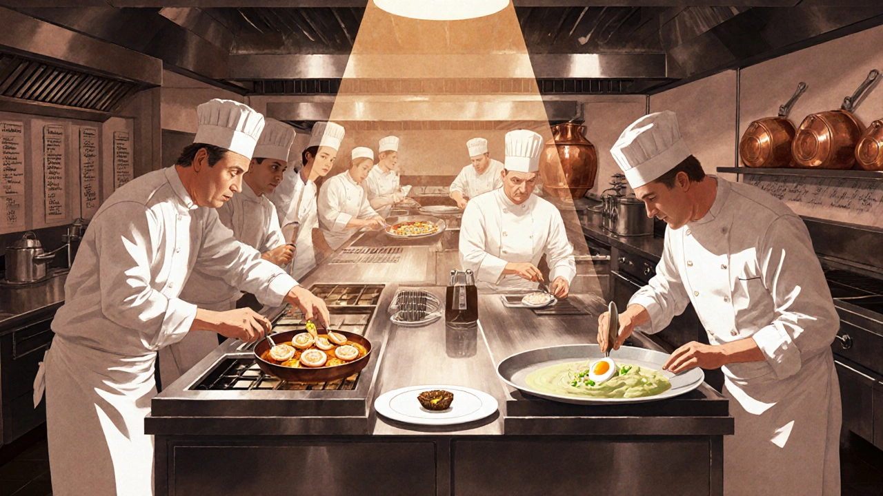 Twelve chefs in a silent, coordinated kitchen preparing precise dishes under warm ambient light.