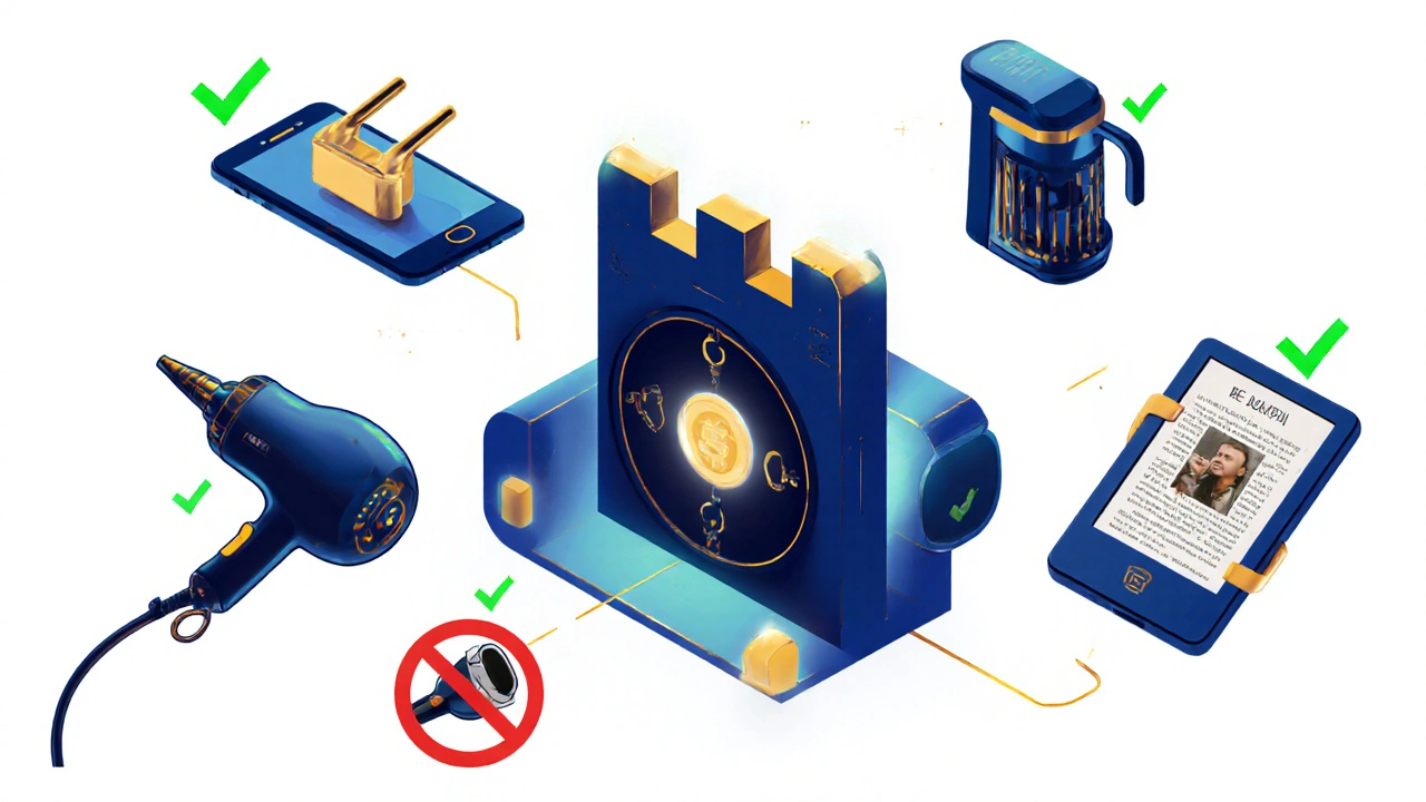 UK socket as a fortress with safe devices inside and incompatible appliances barred out.