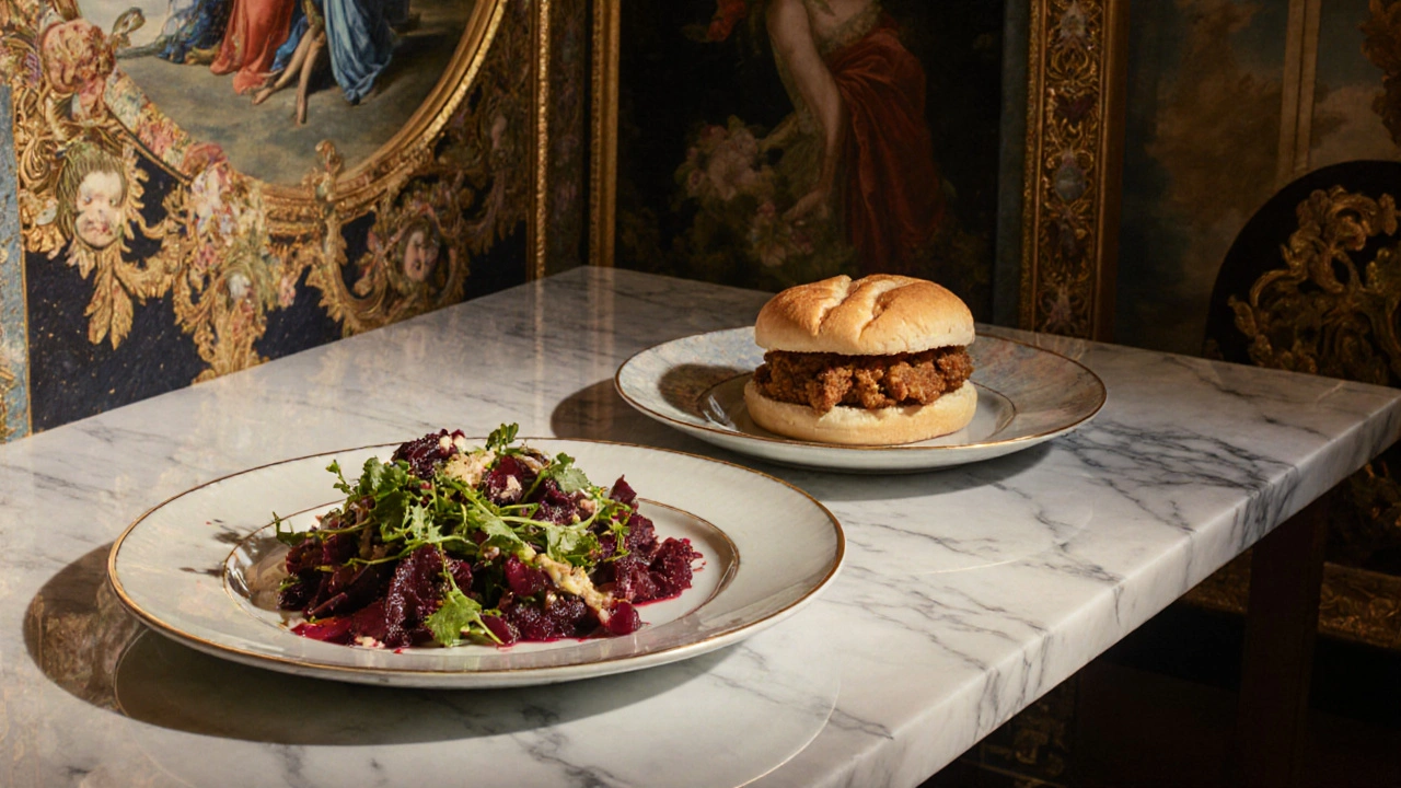 Vegan dishes served in The V&amp;A Café surrounded by historic porcelain and tapestries under soft museum lighting.