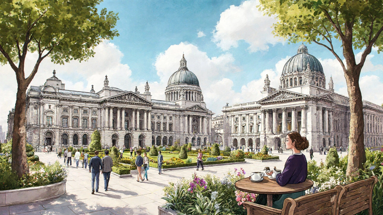 Visitors exploring three museums in South Kensington with a rooftop café in the background.