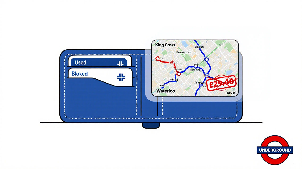 Wallet with two contactless cards and Oyster card, one overcharged with digital fare correction overlay.