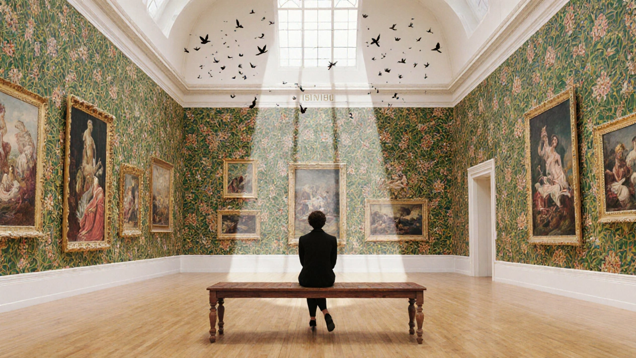 Wallpaper Gallery filled with intricate 19th-century floral and mythological patterns in rich colors.