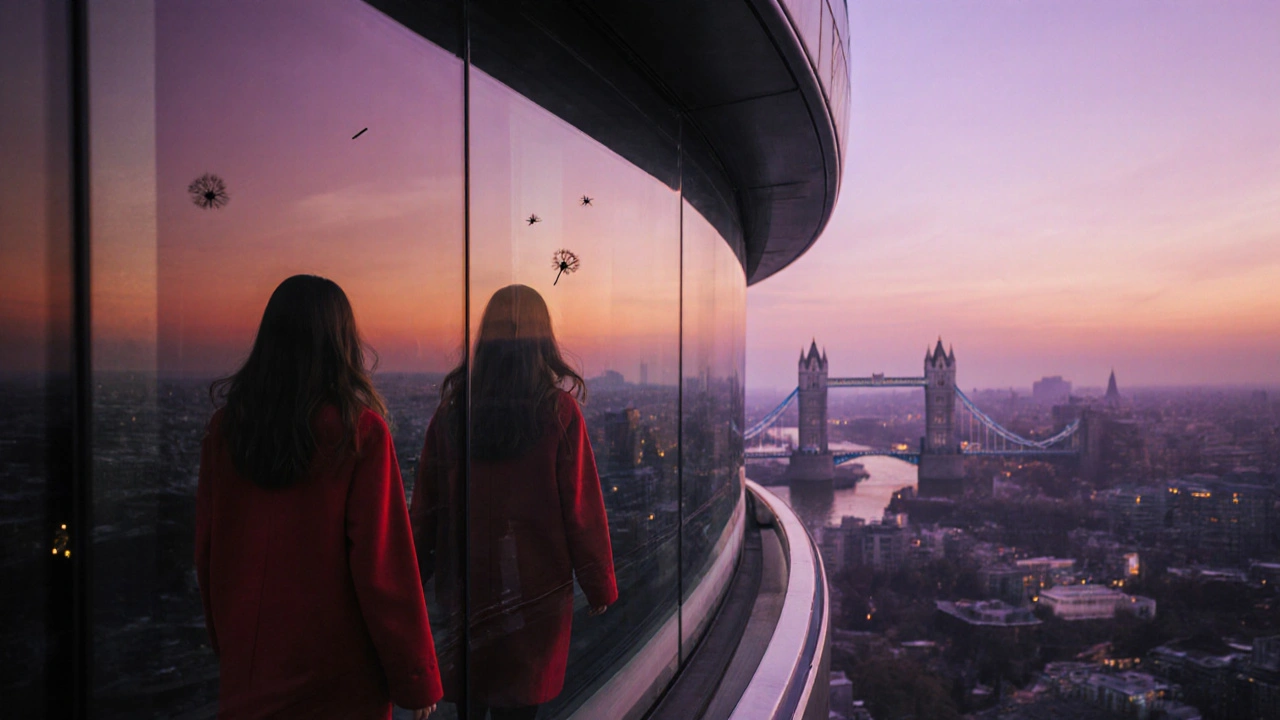Woman in red coat walking along Sky Garden&#039;s glass edge, her reflection doubled against a twilight skyline.
