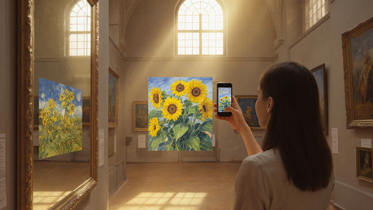 Woman viewing Van Gogh&#039;s Sunflowers with an AR overlay comparing it to Gauguin&#039;s version.