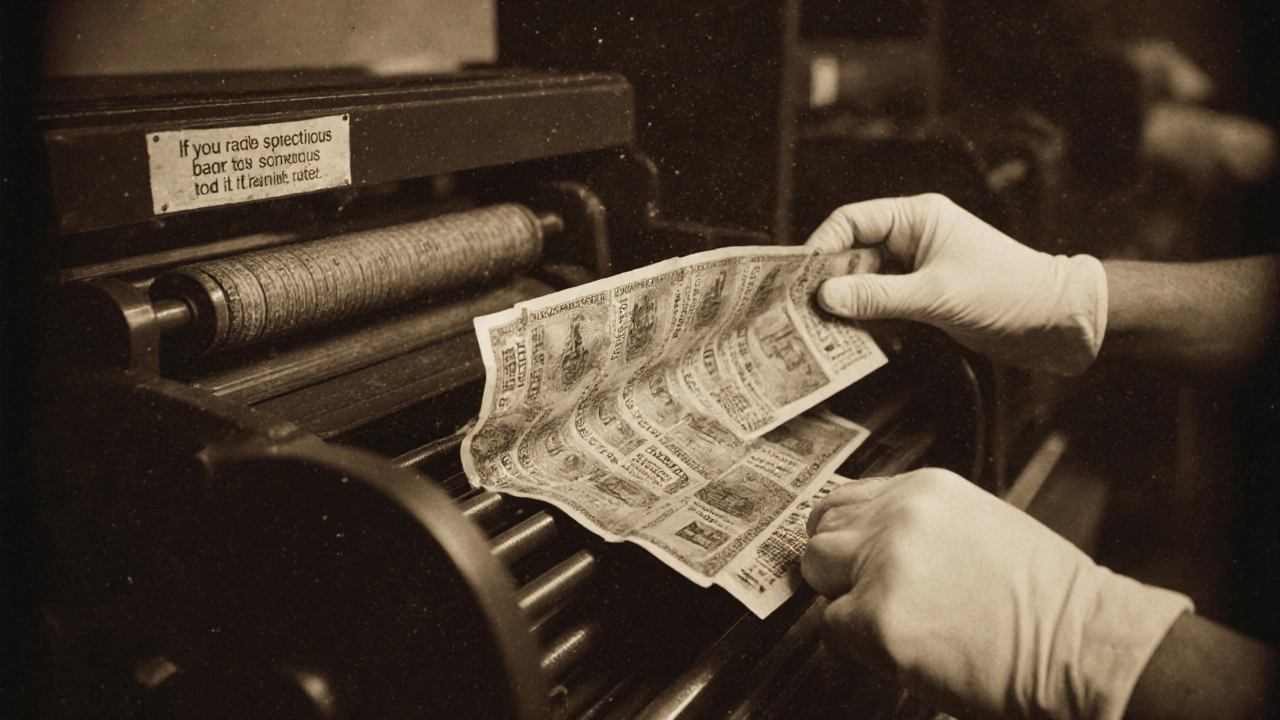 1930s banknote printing room with workers in gloves handling currency presses.