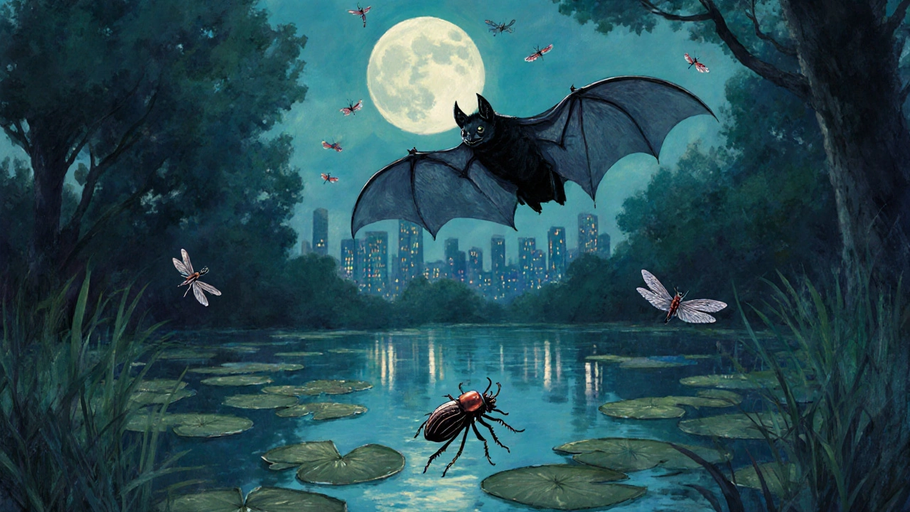 A bat flying over a moonlit pond with beetles and dragonflies in a city wetland.