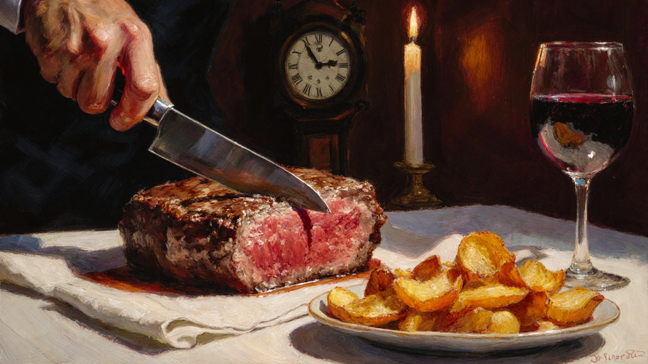 A carved dry-aged sirloin with golden chips and candle glow in a historic Covent Garden dining room.