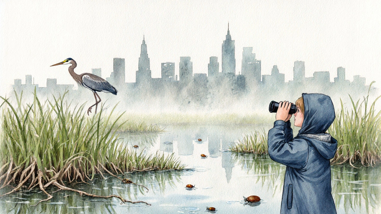 A child watching a heron as the London skyline rises behind a peaceful wetland.