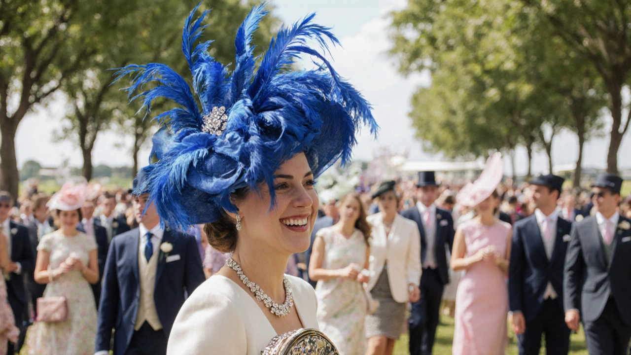 A close-up of a lavish, feathered hat worn by a woman at Royal Ascot, surrounded by a vibrant crowd in stylish summer fashion.