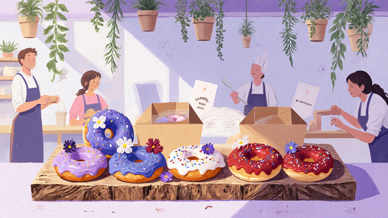 A colorful assortment of vegan donuts including blueberry lavender and red velvet in a Peckham bakery with zero-waste packaging.