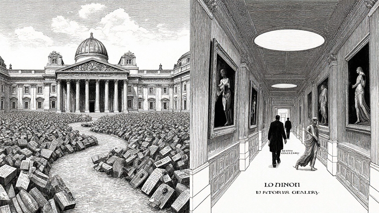 A conceptual map showing ancient artifacts flowing from the British Museum into the serene art space of the National Gallery.