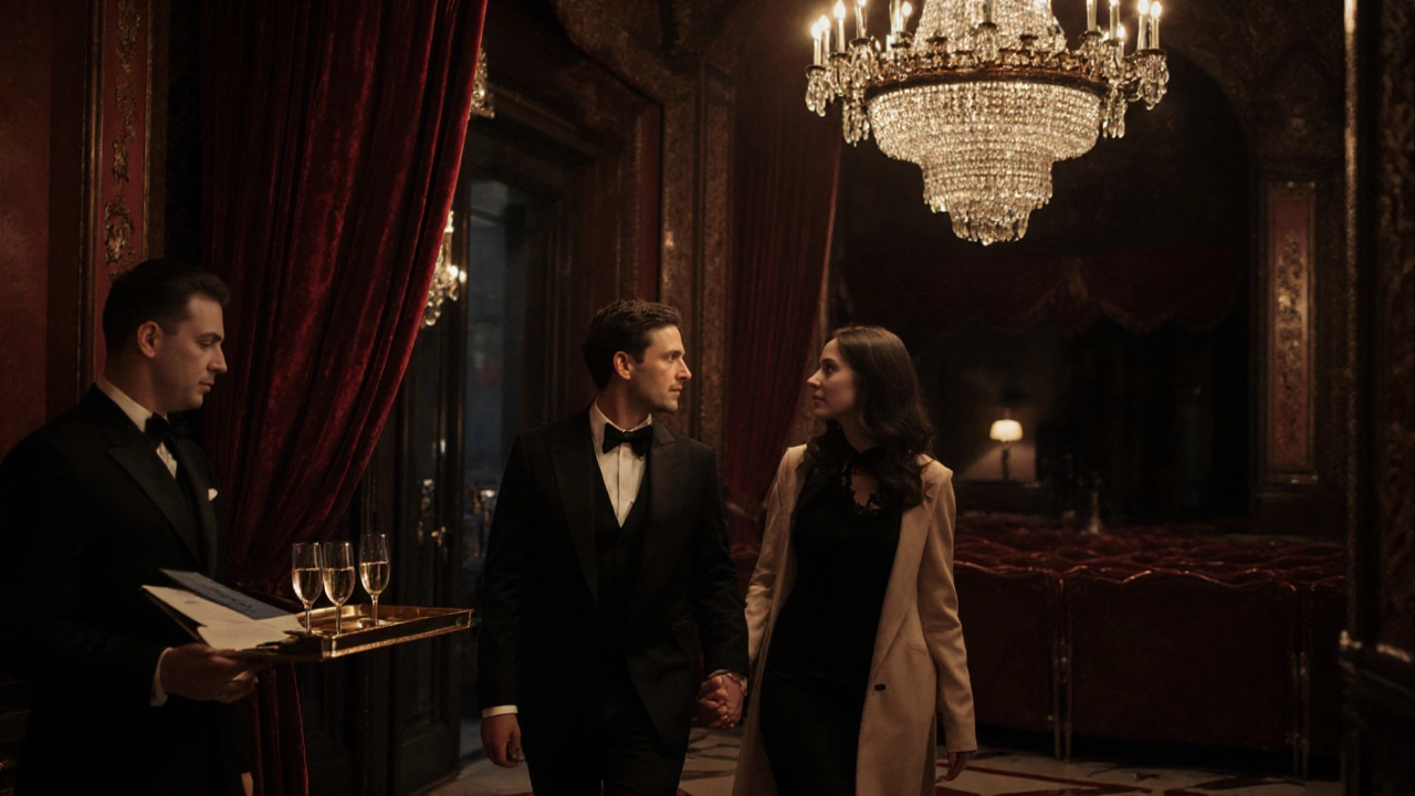 A couple entering a grand London theatre lobby under crystal chandeliers.