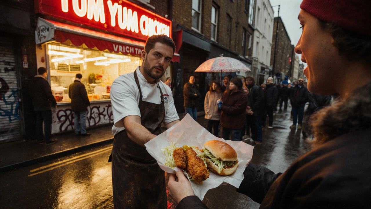 A crispy fried chicken sandwich being handed out at Yum Yum Chicken in Peckham under a neon sign.