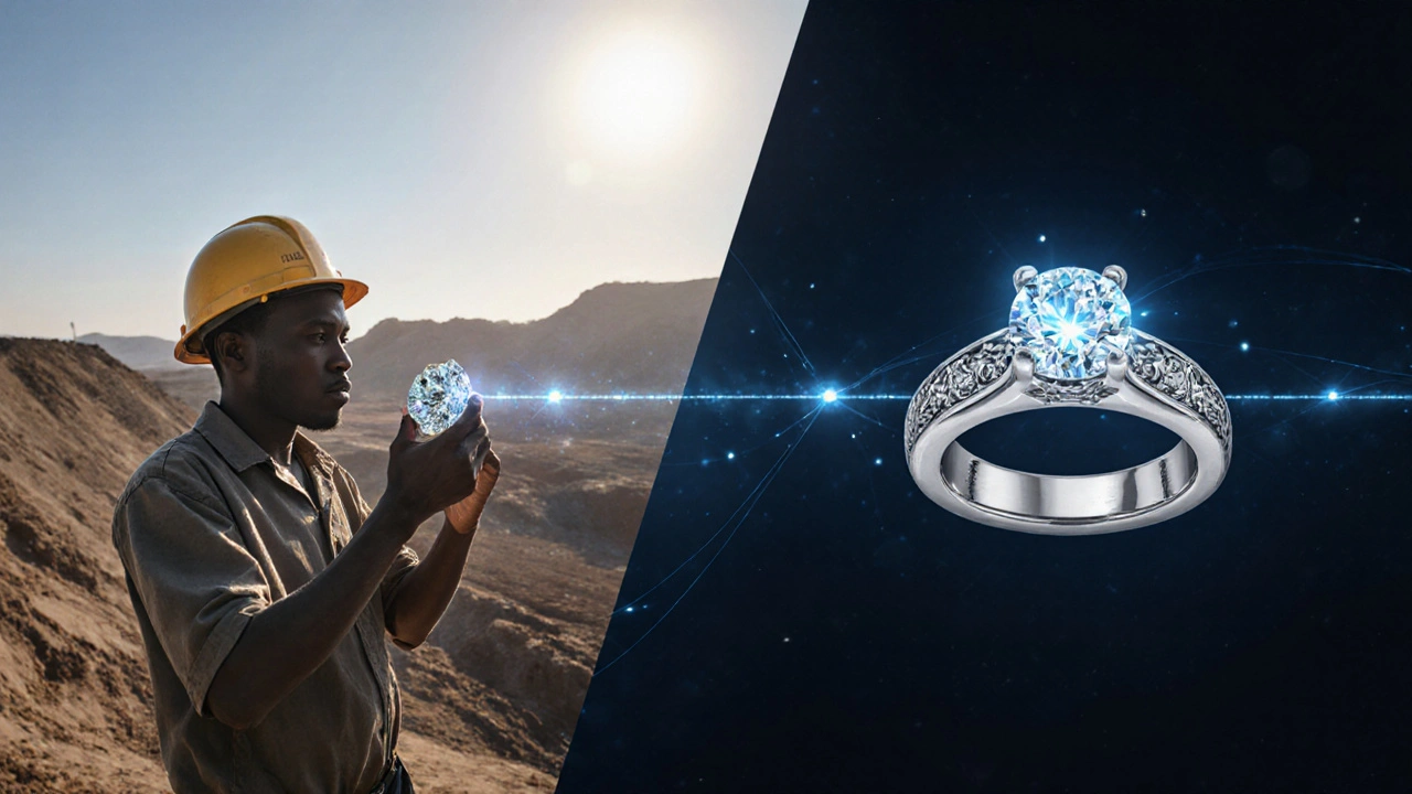 A diamond&#039;s journey from miner in Botswana to London craftsman, connected by a glowing path.