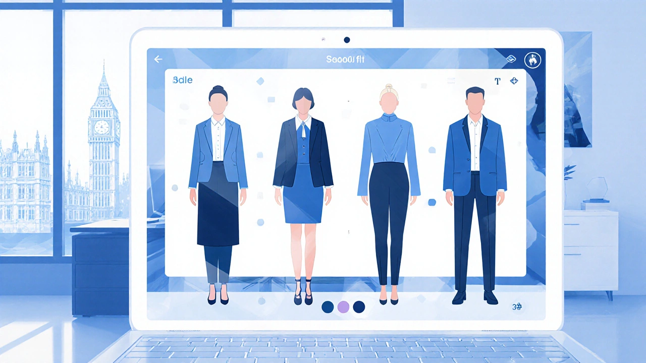 A digital 3D wardrobe preview shown on a tablet with a London city view in the background.