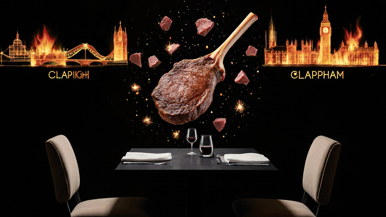 A floating ribeye surrounded by embers of London neighborhoods, symbolizing steak craftsmanship.