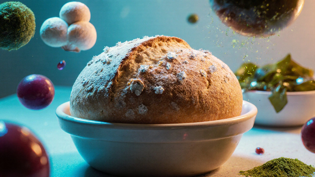 A futuristic sourdough loaf with glowing plant-based ingredients floating around it in a lab-like setting.