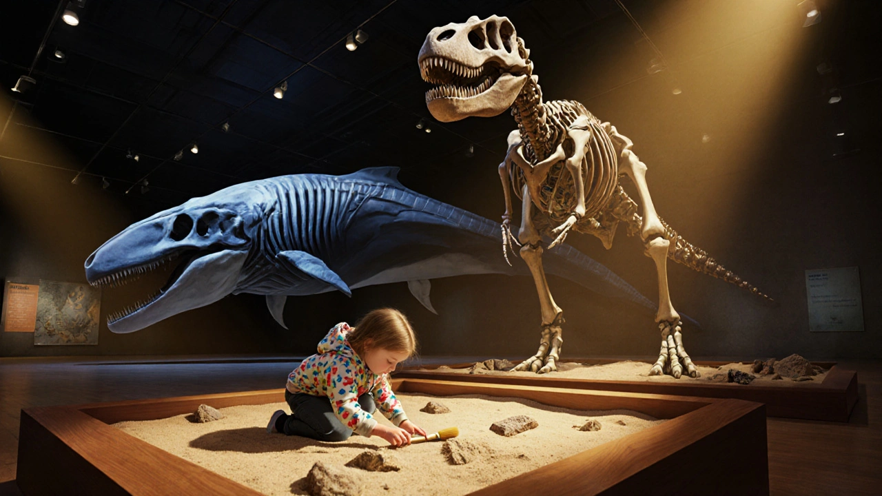 A girl digs for fossils next to a giant dinosaur skeleton in the Natural History Museum.