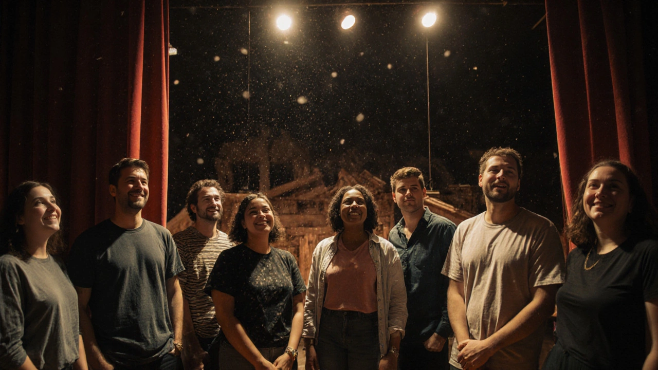 A group on a backstage tour at a London theatre, amazed by the stage machinery.