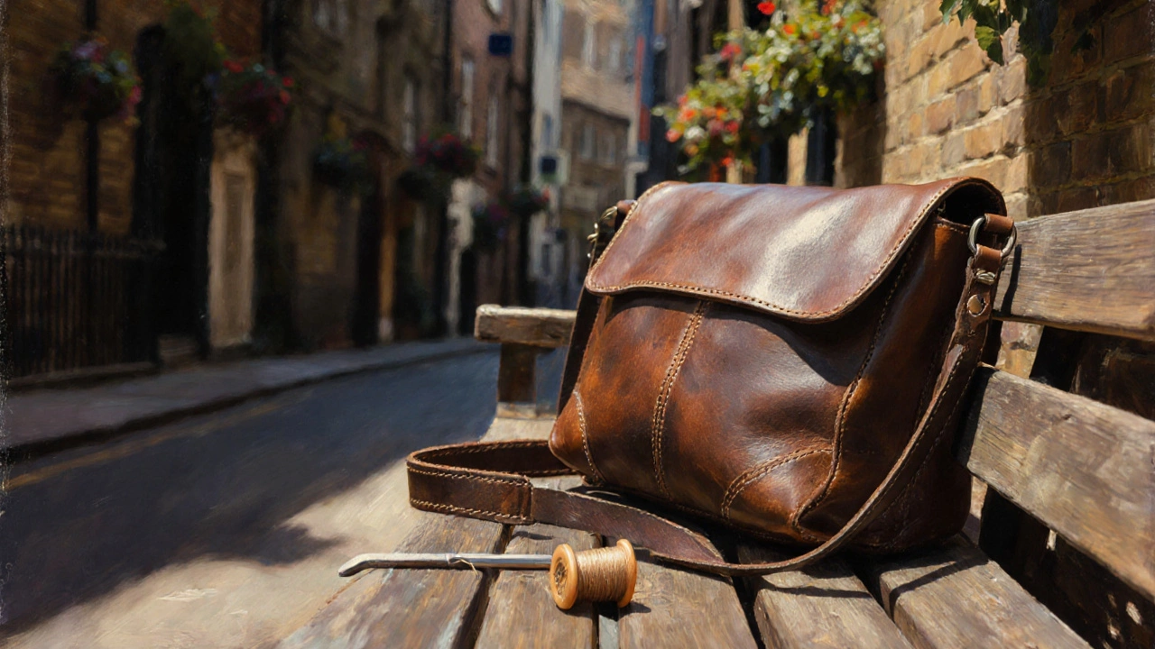 A hand-stitched leather crossbody bag resting on a wooden bench in a quiet London alley, aging gracefully in sunlight.