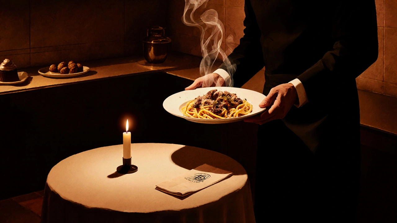 A hidden basement supper in Belgravia with truffle pasta and candlelight, evoking a secret culinary tradition.