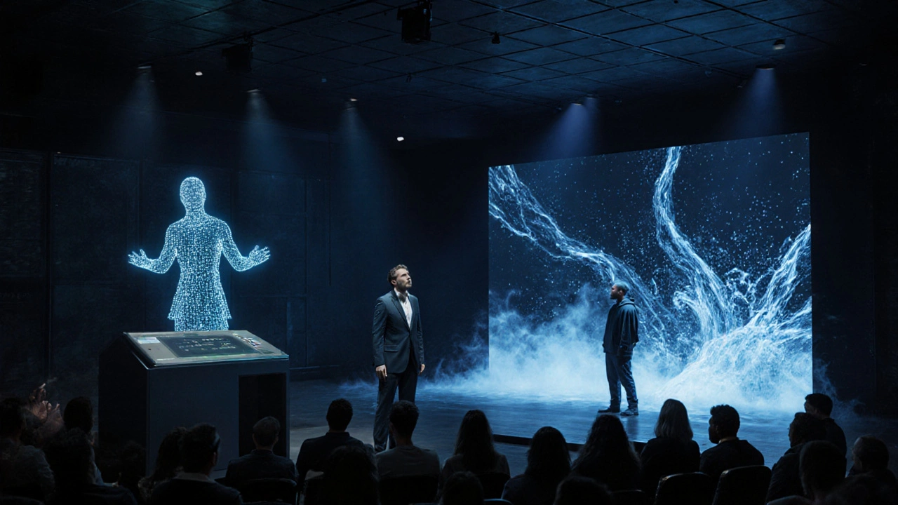 A holographic Ariel floats above a tech billionaire Prospero in a VR lab, digital storms swirling around silent audience members.