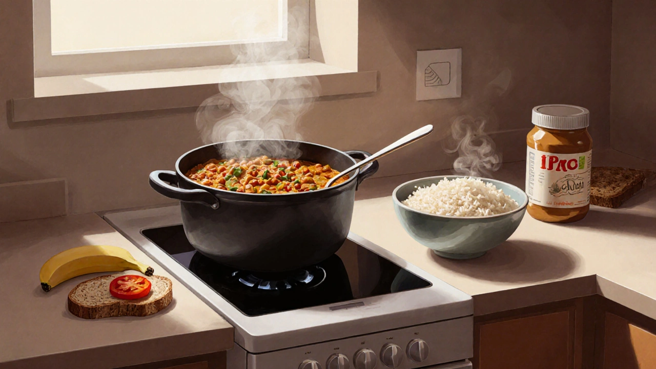 A home kitchen with lentil curry, rice, banana, and peanut butter on a counter in soft morning light.