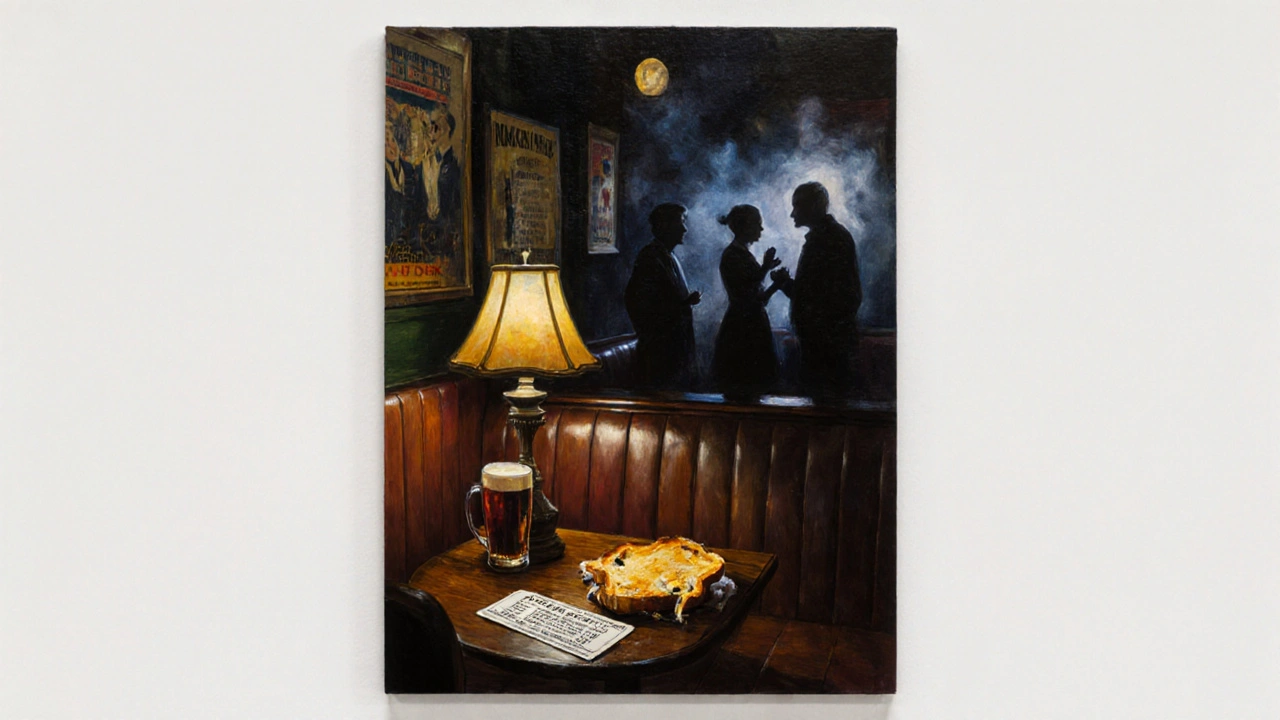 A lone theatre-goer at a historic London pub with a cheese toastie and pint, shadows of conversation lingering in the background.