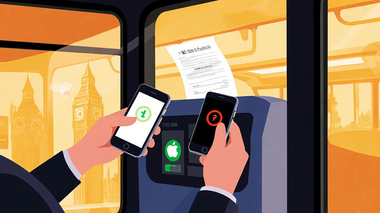 A person&#039;s phone and smartwatch near a bus reader—one successfully tapped, the other rejected—with a receipt emerging.