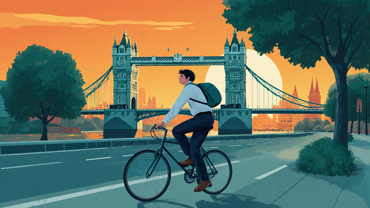 A person cycling along a London cycle path at sunset, passing a bridge with golden light.