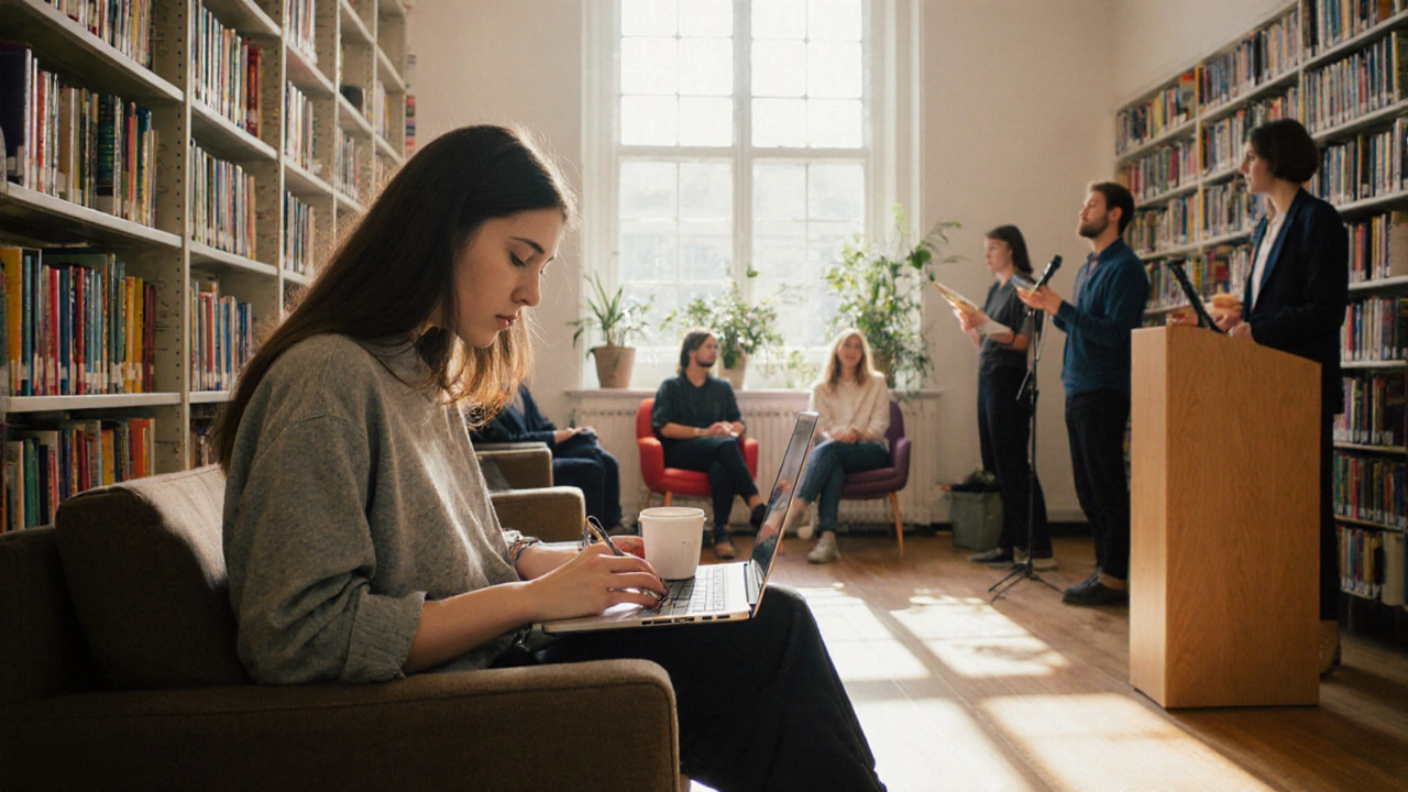 A person writing at a sunlit window in Islington Central Library, with books, coffee, and a small poetry event in the background.