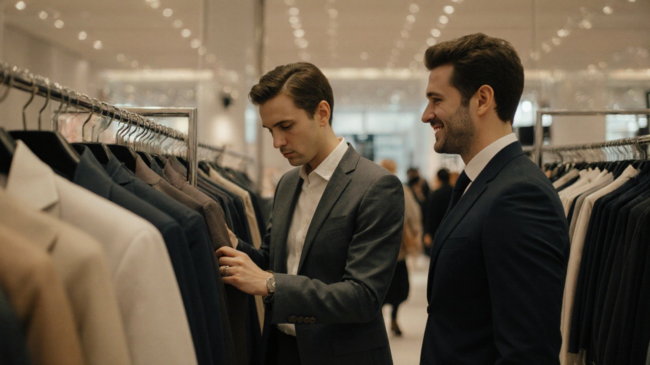 A personal shopper selecting clothes at Selfridges while a client observes nearby.