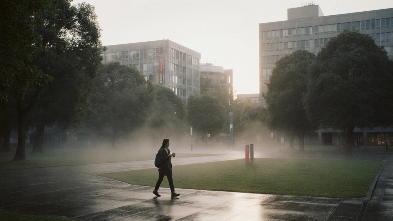 A quiet campus courtyard at Denmark Hill at dawn, with a student walking alone under trees.