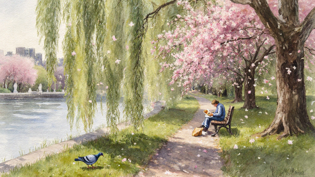 A quiet spring trail along the lake with weeping willows, cherry blossoms falling, and an artist sketching on a bench.