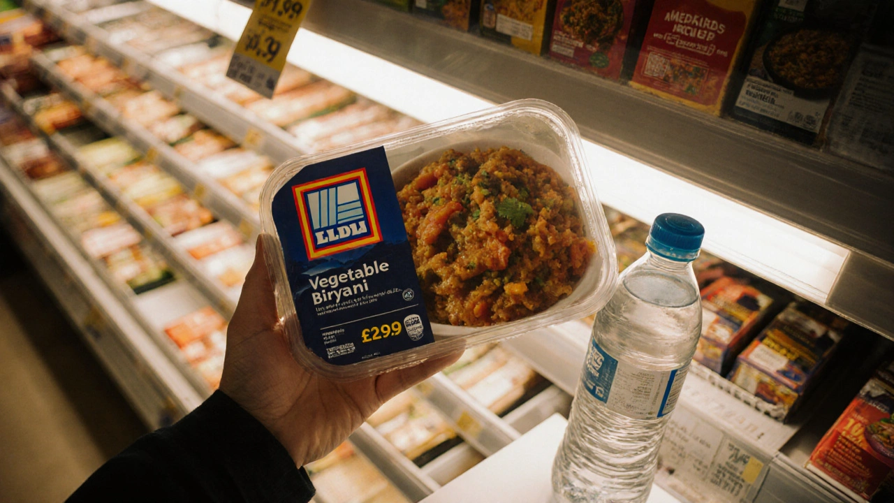 A ready meal of vegetable biryani on a supermarket shelf with a bottle of water nearby.