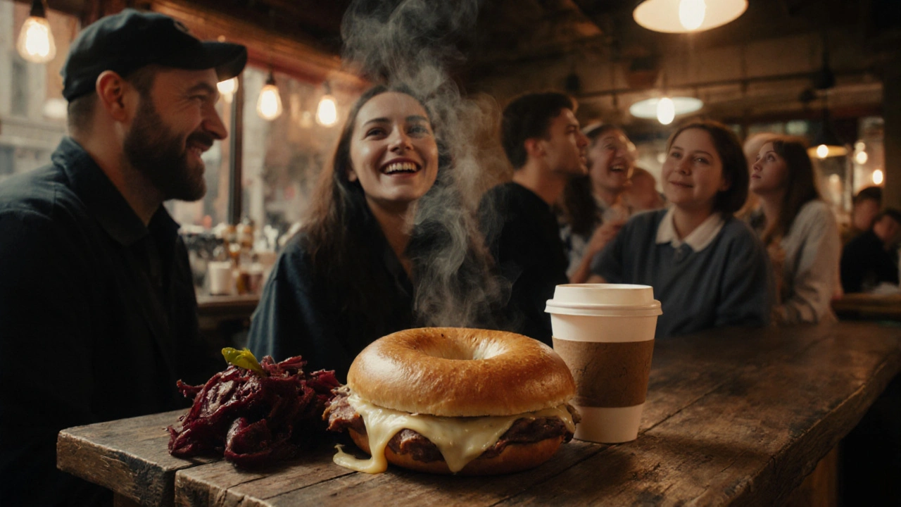 A salt beef bagel at Beigel Bake on Brick Lane, with pickled beetroot and tea, served to night owls at dawn.