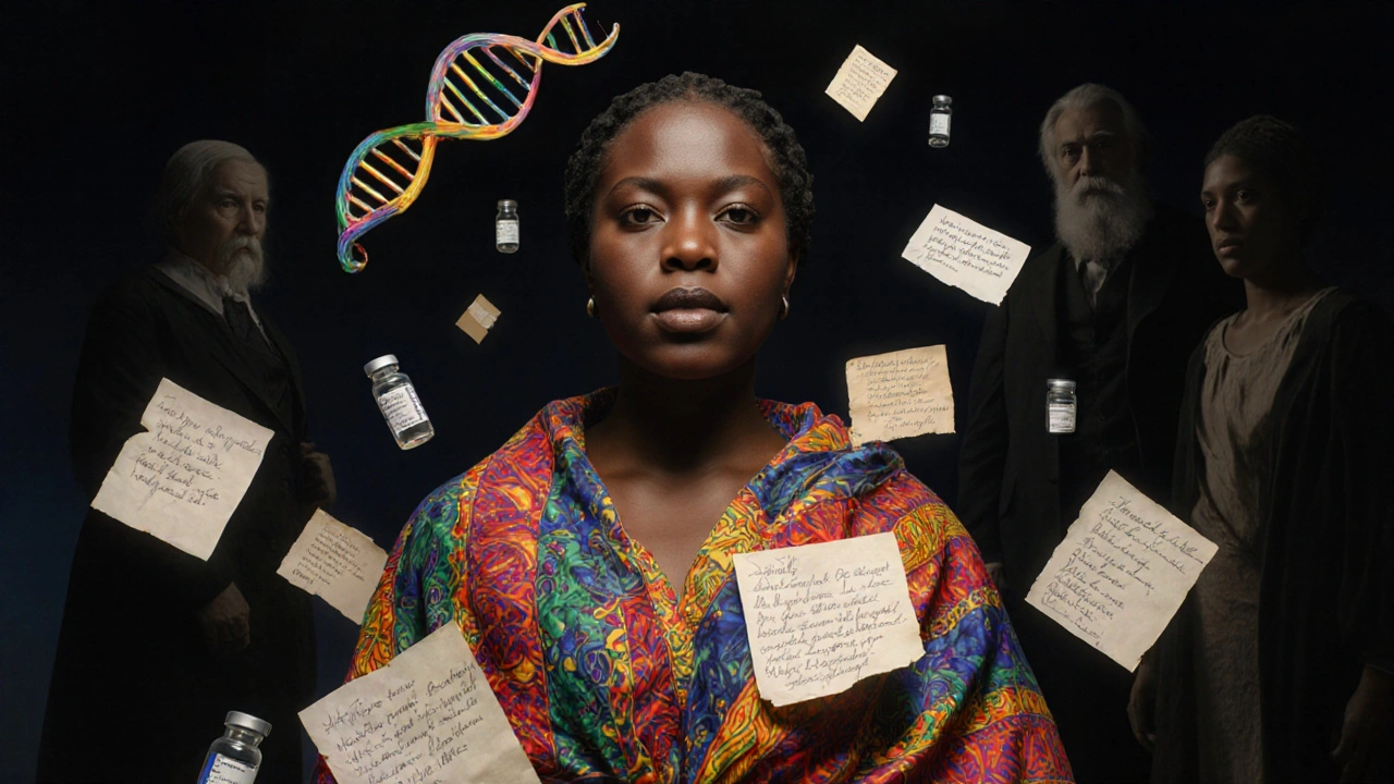 A sculptural portrait of Dr. Kizzmekia Corbett draped in African fabric, surrounded by scientific and personal symbols of her legacy.